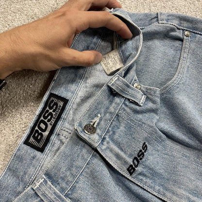 Vintage BOSS baggy jeans y2k W32L28 washed blue denim wide leg skater JNCO style deep pockets