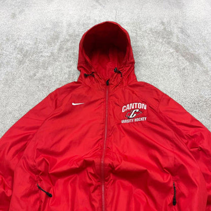 Y2K Nike technical windbreaker jacket red Nike storm fit coat, full zip, logos, hood and pockets