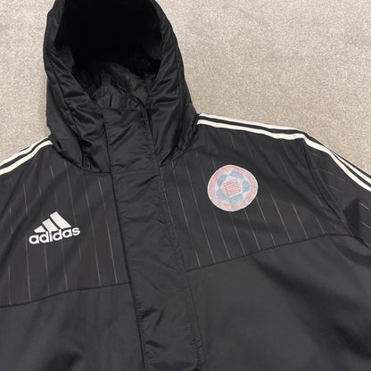 00s long Adidas park jacket y2k style L men's black full zip padded overcoat technical