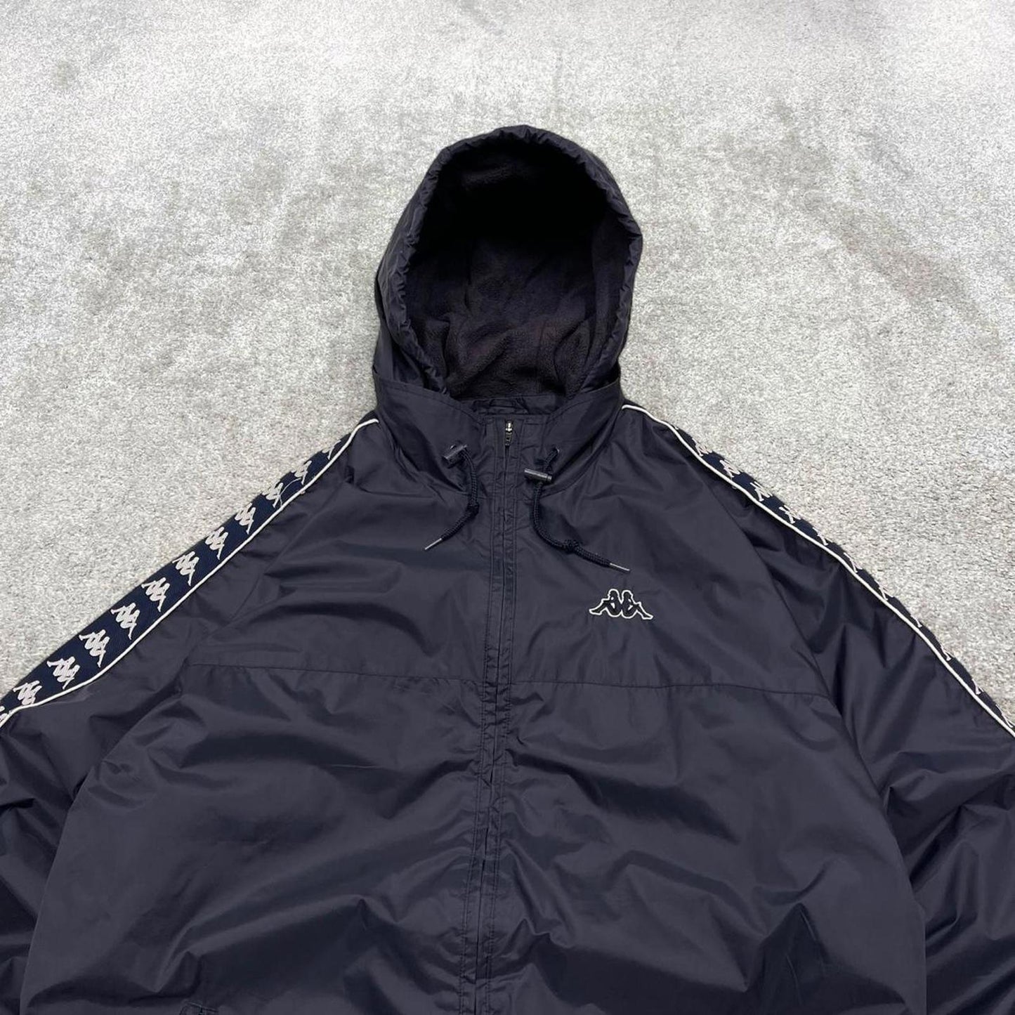 Navy Kappa technical jacket Large men's y2k 00s style fleece lined hooded coat embroidered detail