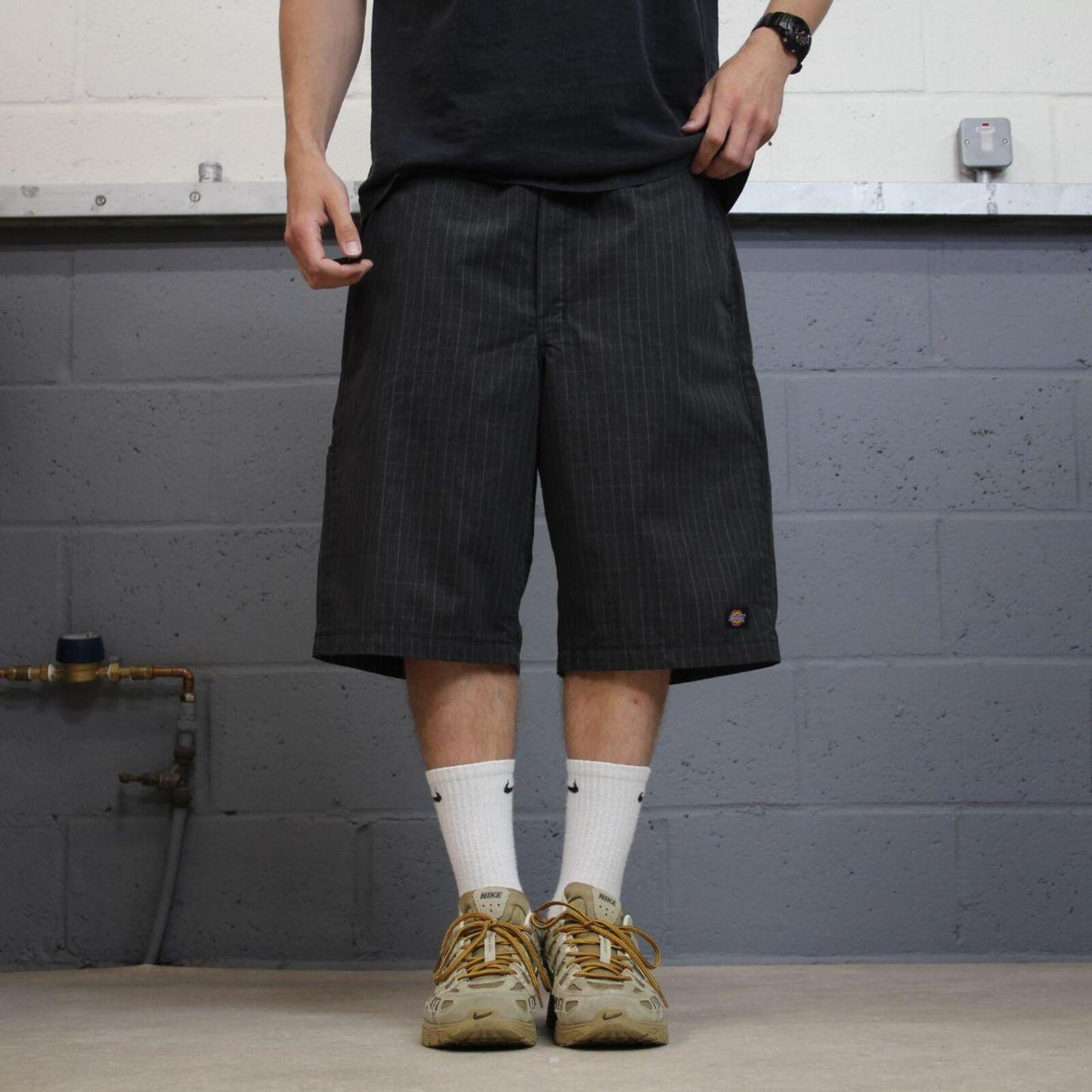 Dickies baggy checkered shorts carpenter black grey Check surf style skater shorts long leg