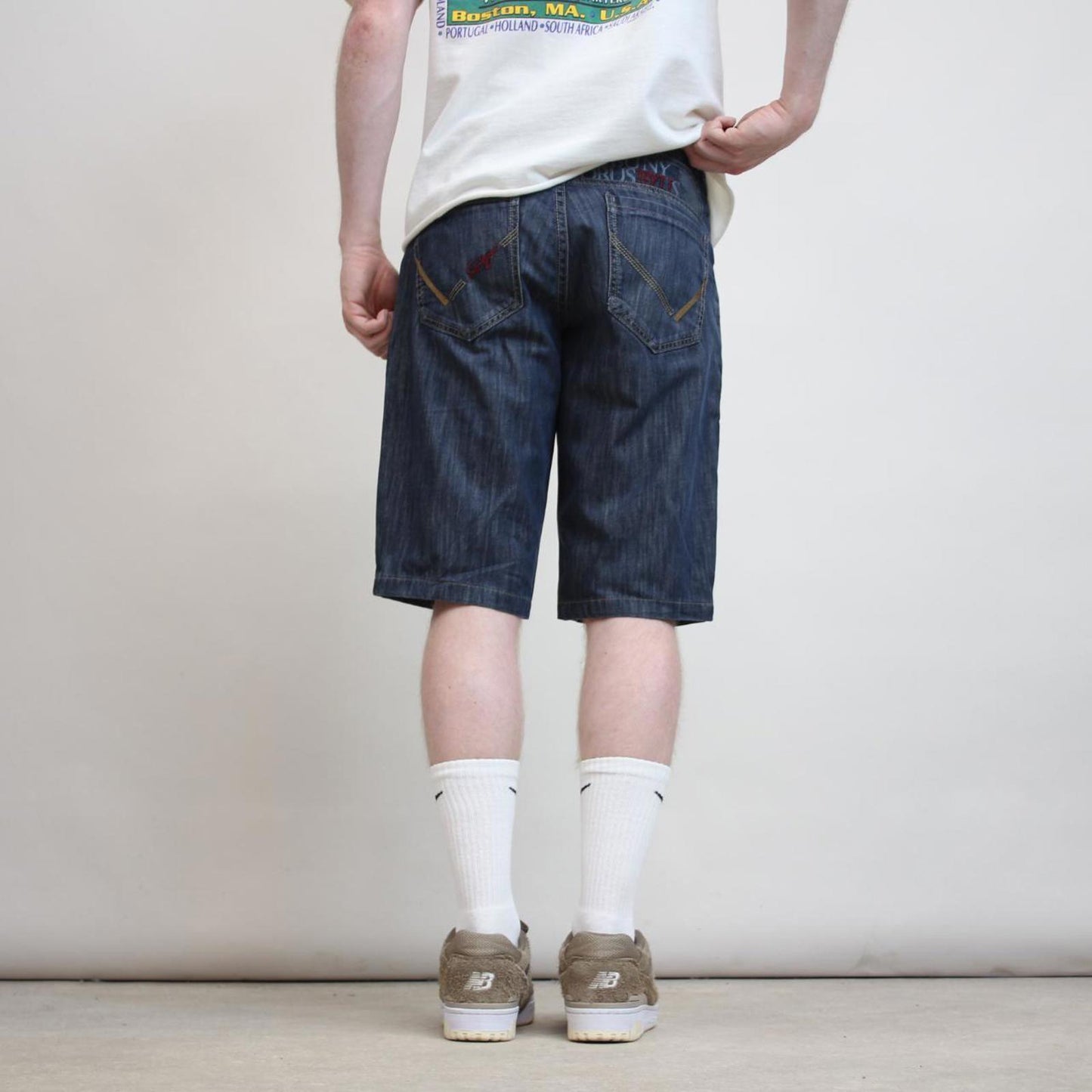Mens embroidered FUBU denim shorts W30 Y2K print design hip hop jorts