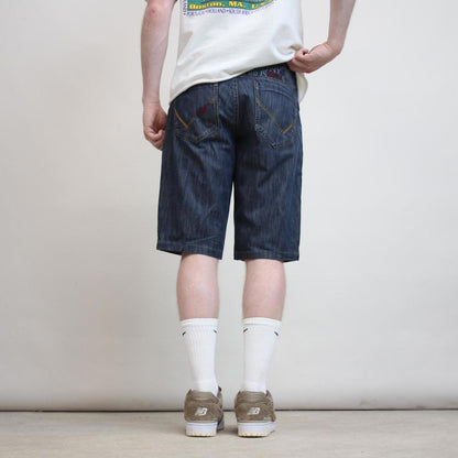 Mens embroidered FUBU denim shorts W30 Y2K print design hip hop jorts