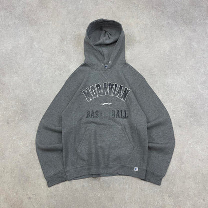 Grey vintage Russel hoodie Medium thick pullover jumper Moravian basketball spellout print design