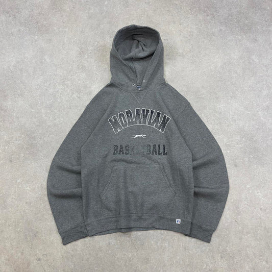 Grey vintage Russel hoodie Medium thick pullover jumper Moravian basketball spellout print design