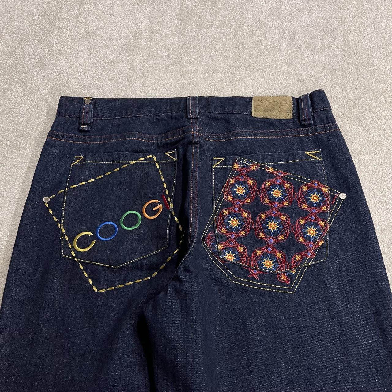 Baggy COOGI embroidered jeans y2k W40L33 navy blue embroidered pattern wide leg skater pants