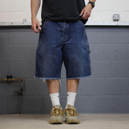 Frayed denim cargo shorts carpenter blue Benzene cut skater style jorts