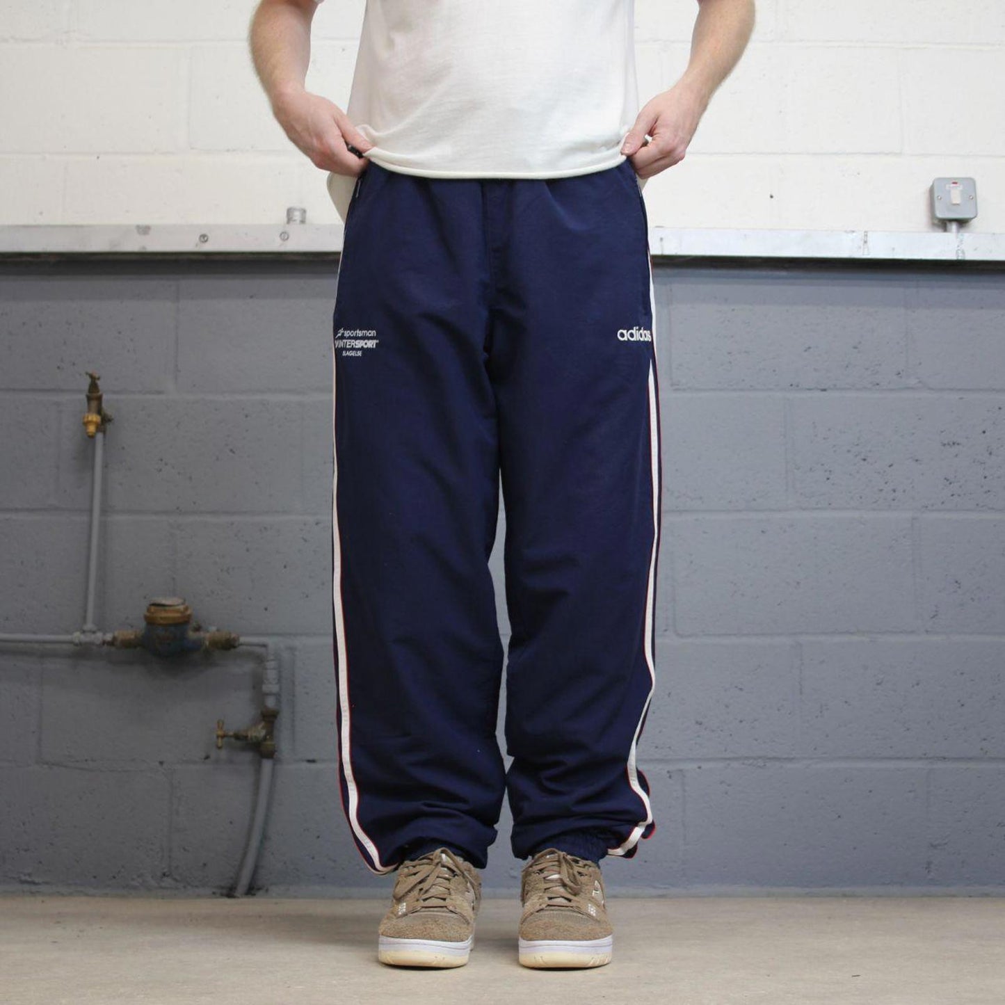 Navy Adidas trackies L y2k style sportswear track pants embroidered logo side stripe design