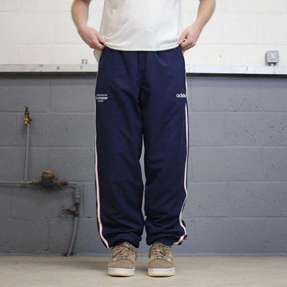 Navy Adidas trackies L y2k style sportswear track pants embroidered logo side stripe design