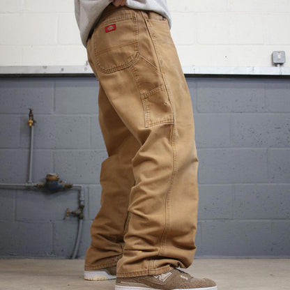 Tan Dickies carpenter jeans W36L32 loose baggy canvas cargo 90s skate style pants patch logo