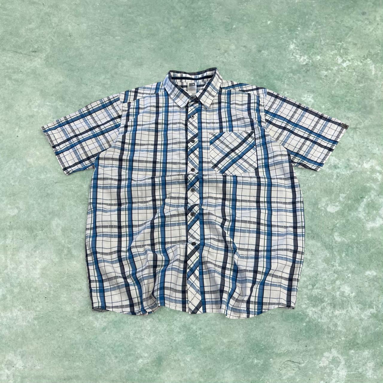 North Face checkered short sleeve shirt white blue TNF festival style button down summer shirt