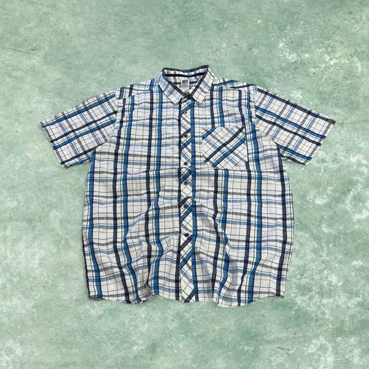 North Face checkered short sleeve shirt white blue TNF festival style button down summer shirt