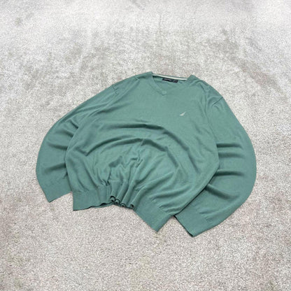 00s Nautica knit sweater jumper embroidered XL men's turquoise knitted pull over y2k 00s style