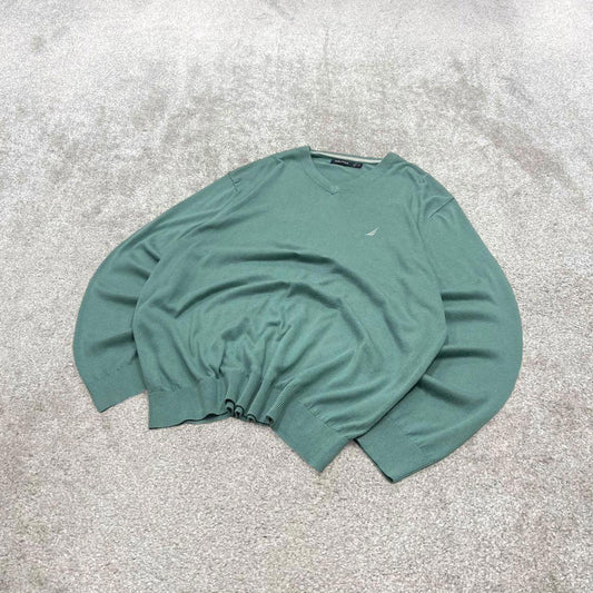 00s Nautica knit sweater jumper embroidered XL men's turquoise knitted pull over y2k 00s style