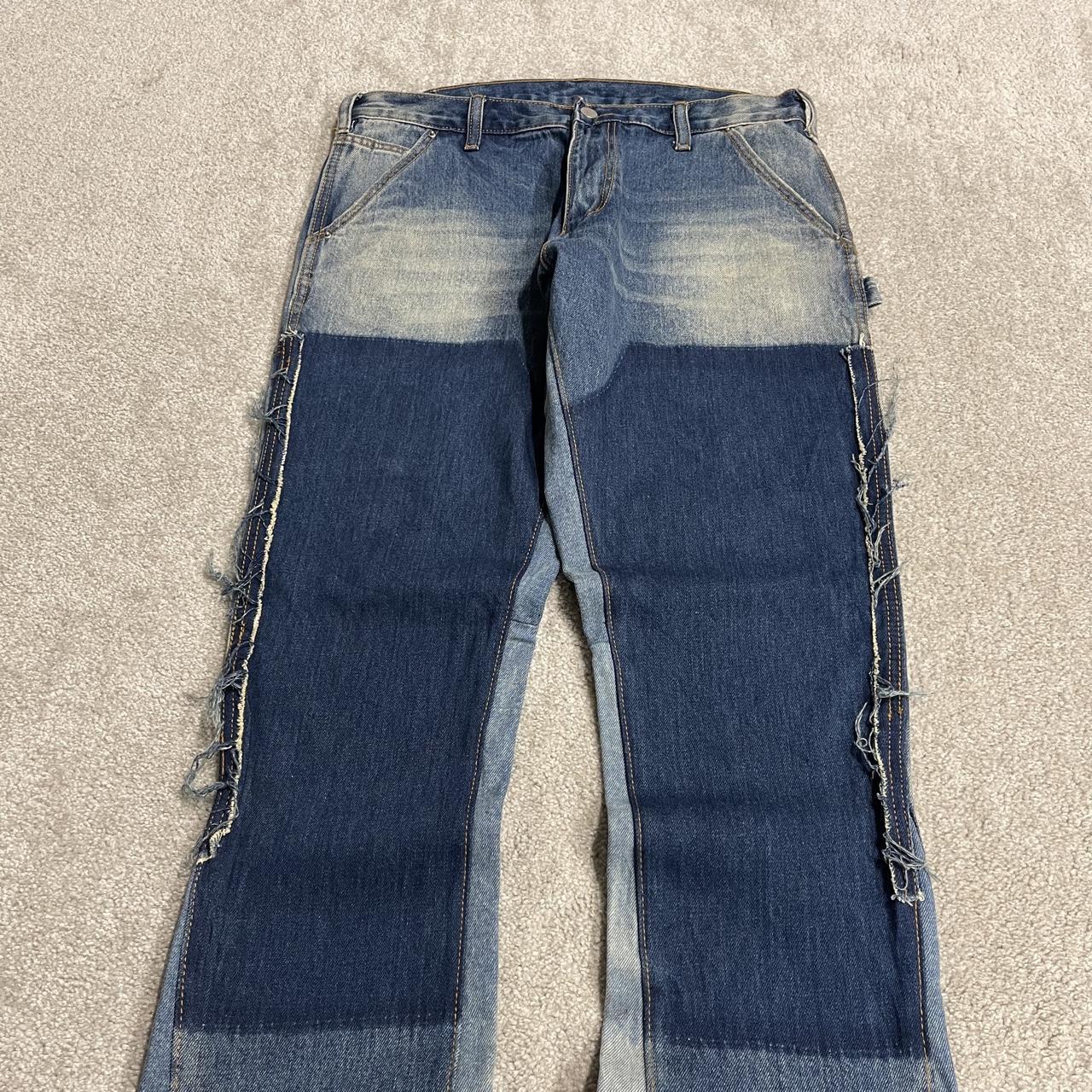 Y2K mnml bootcut jeans W32L36 patch work blue denim Slightly flared carpenter jeans reworked style