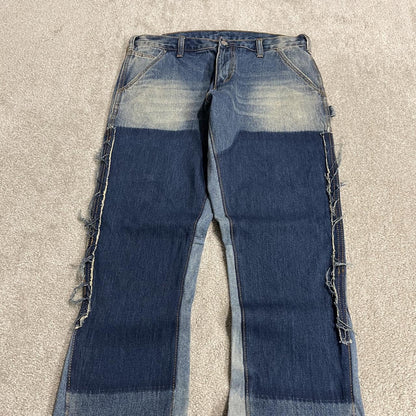 Y2K mnml bootcut jeans W32L36 patch work blue denim Slightly flared carpenter jeans reworked style