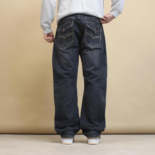 Navy Modern Culture W38 L32 loose hip hop embroidered jeans pocket flaps