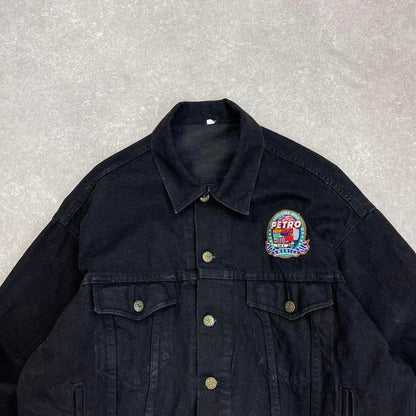 Embroidered denim trucker jacket M black boxy embroidered denim jacket