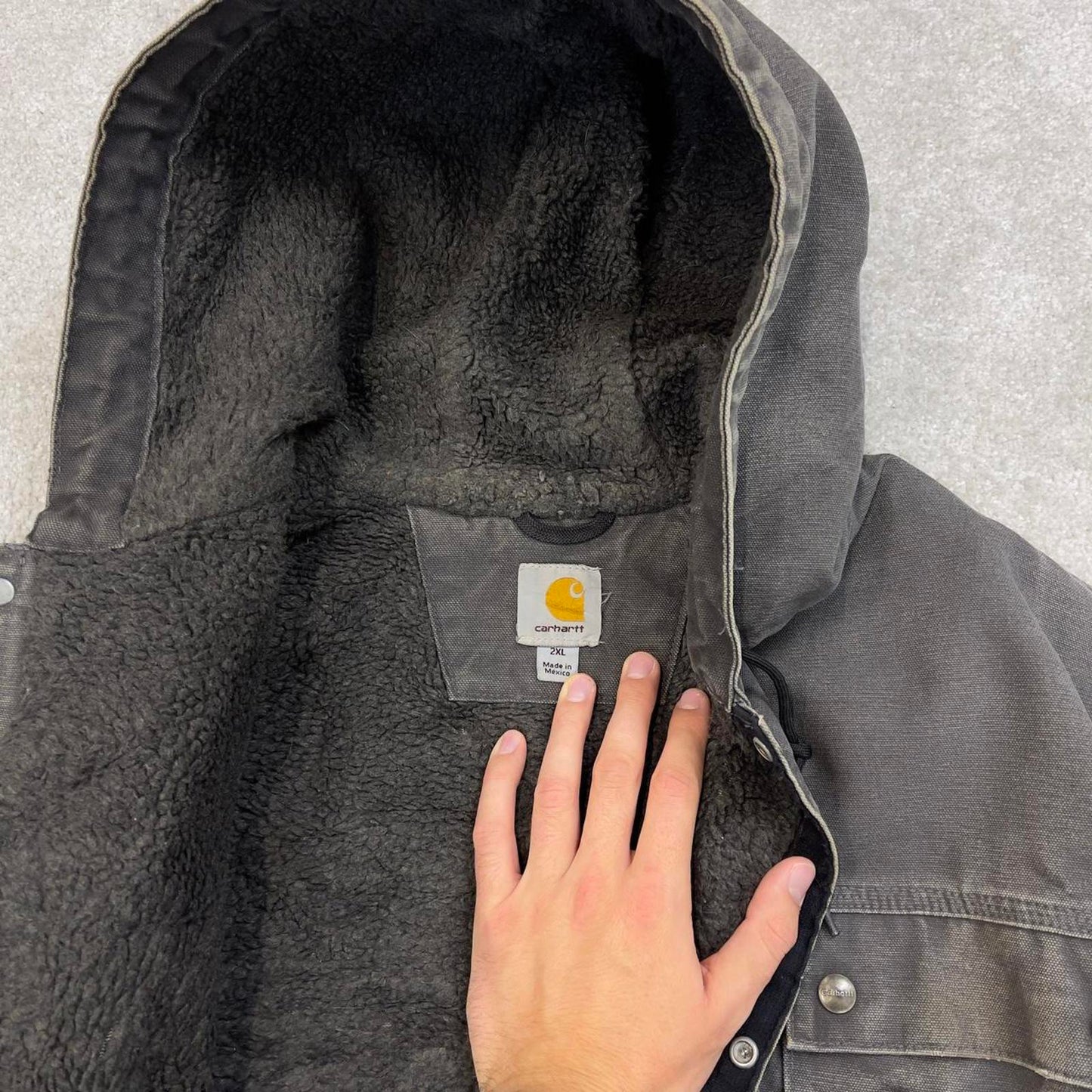 Grey Carhartt hooded Bartlett jacket 2XL technical canvas 90s style skater bomber