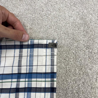 North Face checkered short sleeve shirt white blue TNF festival style button down summer shirt