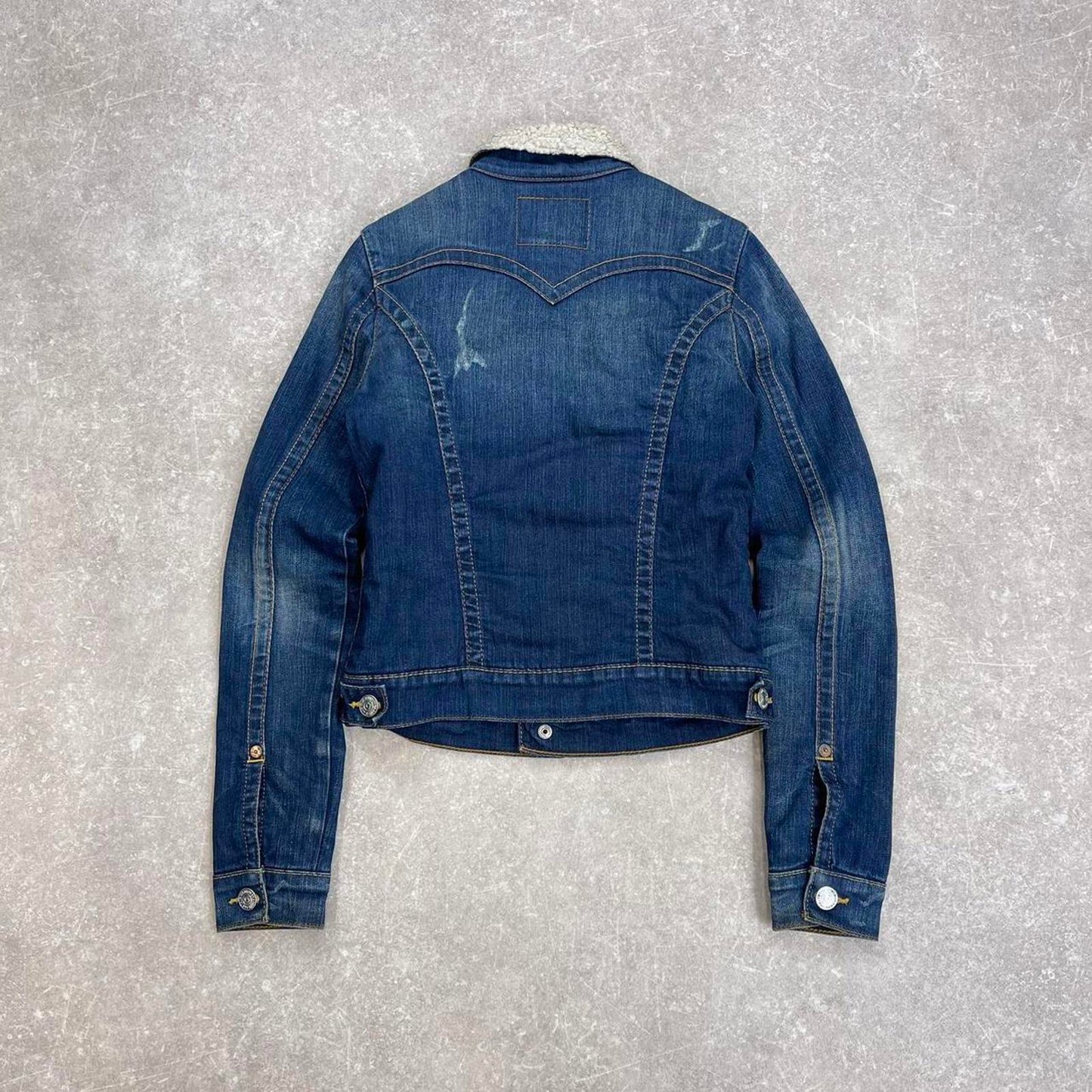 Y2k True Religion denim jacket Small Emily sherpa lined 00s cropped style coat stitch detailing