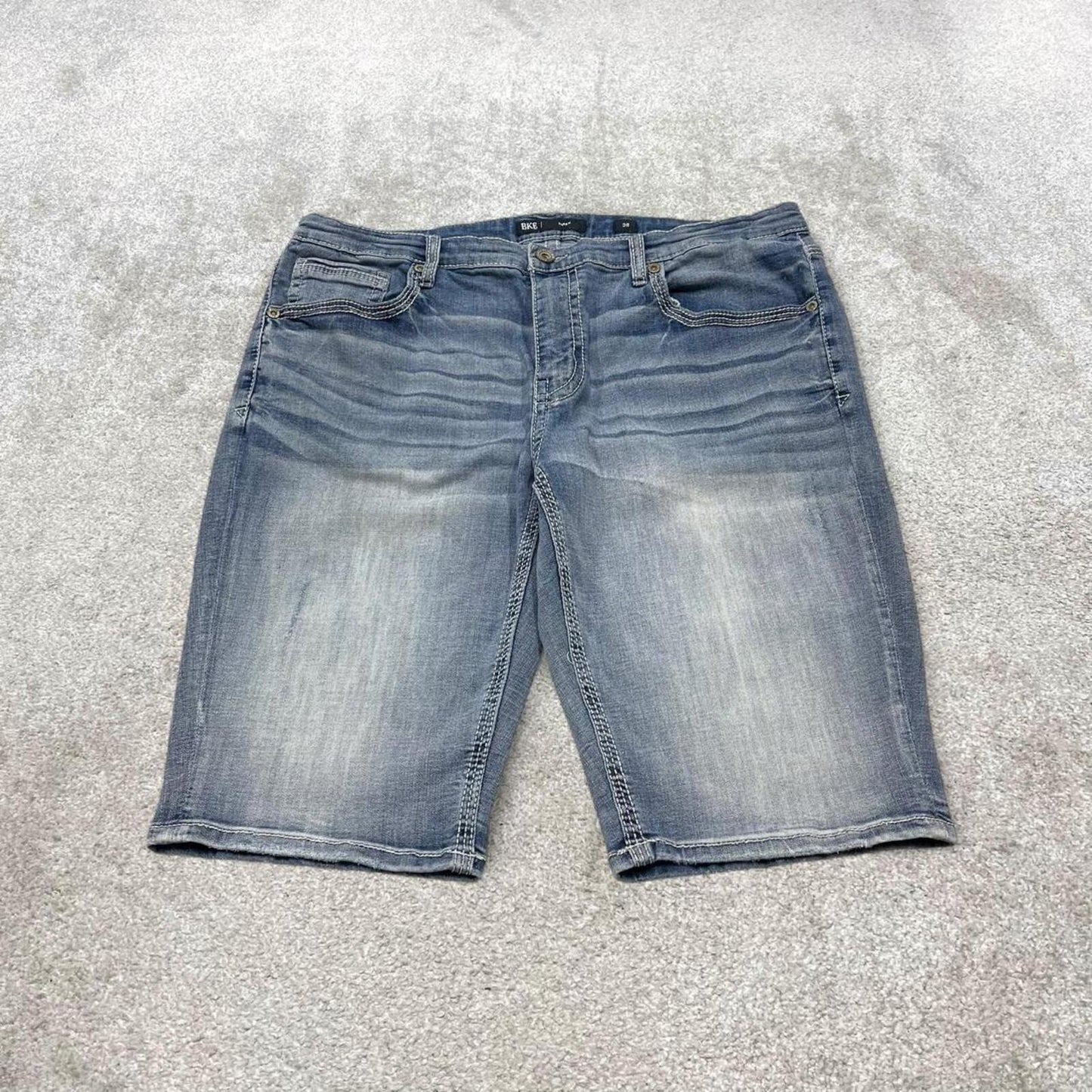 Y2k embroidered denim shorts blue W38 BKE summer festival jorts stitch detail