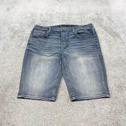 Y2k embroidered denim shorts blue W38 BKE summer festival jorts stitch detail