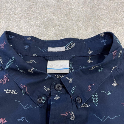 Columbia funky pattern short sleeve shirt y2k navy Festival surf style patterned summer shirt