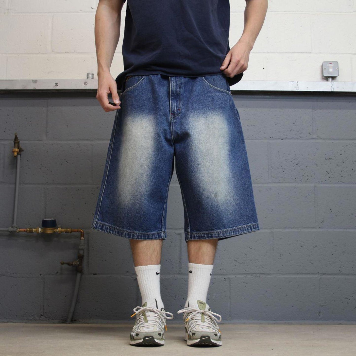 Y2k baggy carpenter shorts skater style blue Brooklyn Xpress long wide denim summer festival jorts