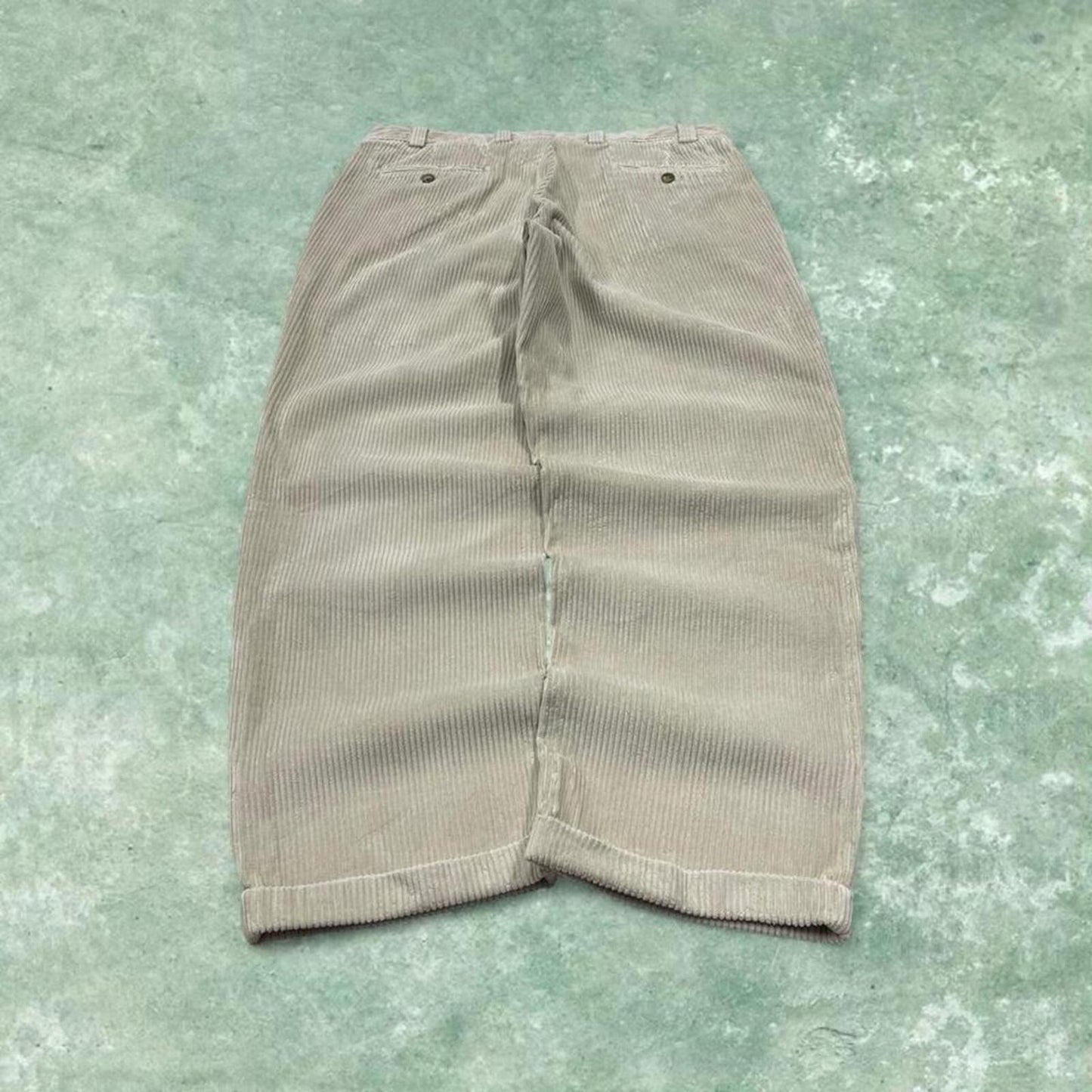LL Bean baggy pleated corduroy pants beige Wide wale chunky jumbo cord trousers preppy