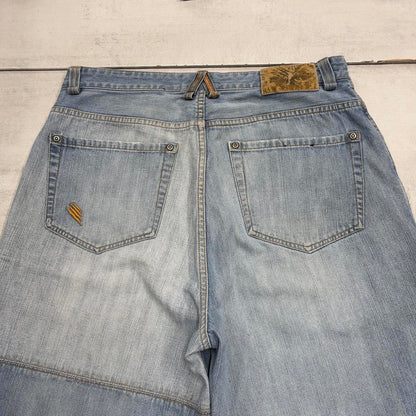 Baggy Mongoose denim shorts W34 long wide leg 90s style skater jorts tape detailing