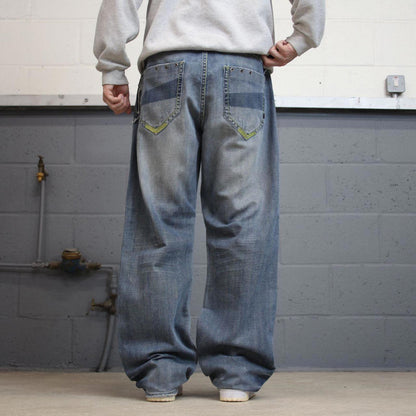 Baggy Akademiks jeans W36L33 blue wide leg denim 90s y2k style embroidered skater jeans loose