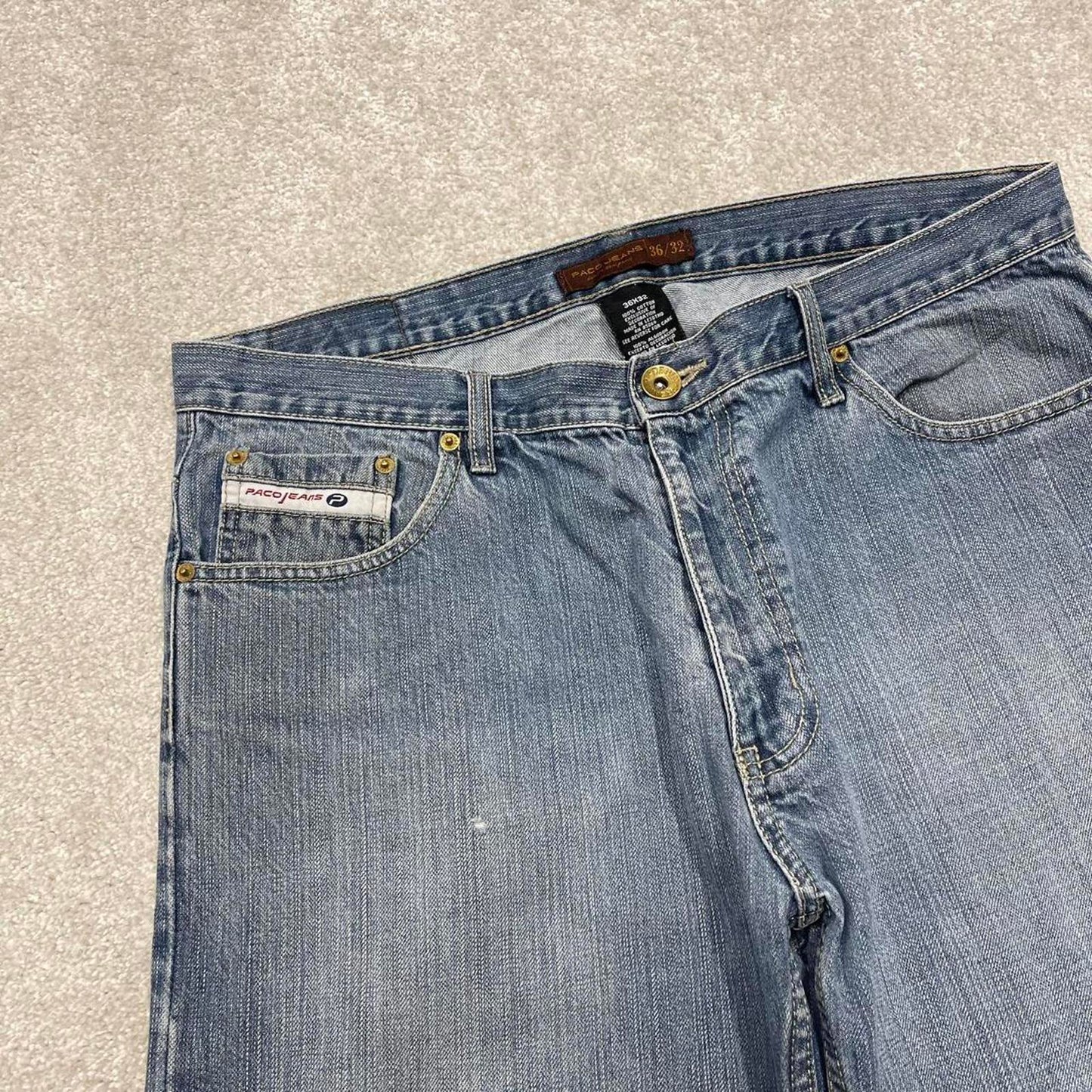 Vintage blue Paco jeans W36L32 loose baggy denim y2k style skater jeans waist patch stitch designs