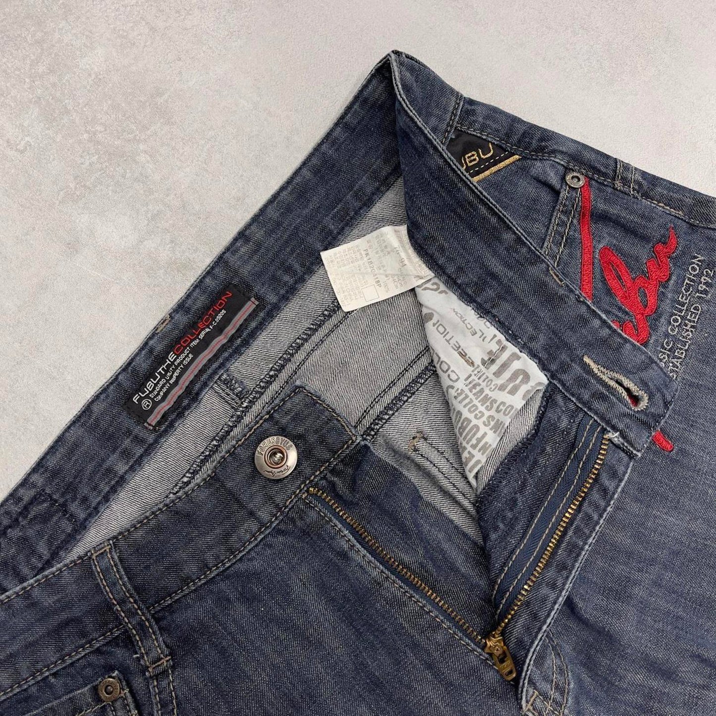 Mens embroidered FUBU denim shorts W30 Y2K print design hip hop jorts