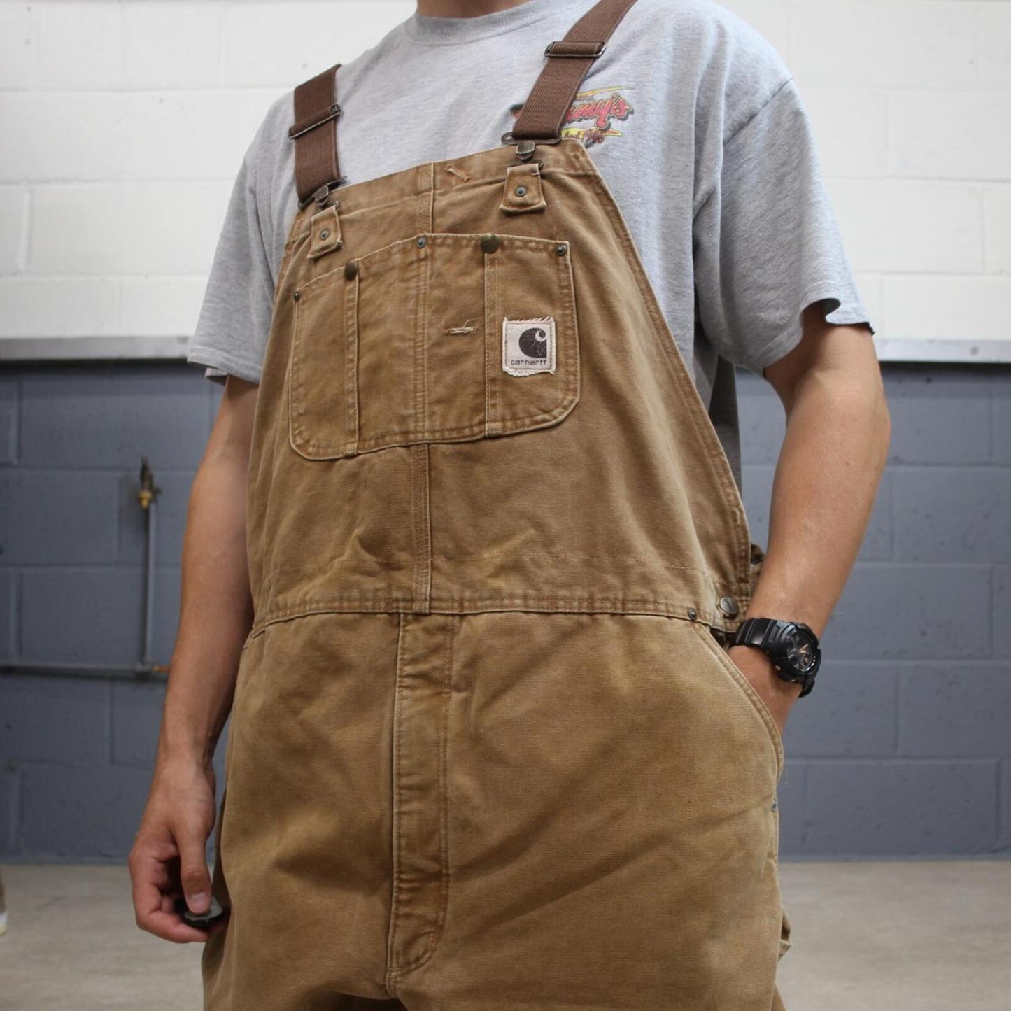 Vintage Carhartt dungarees tan brown overalls Quilted bib & brace utility workwear