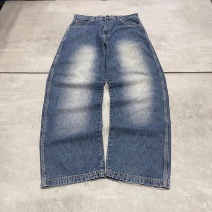 90s baggy carpenter skate jeans W34L34 PJ Mark blue wide leg denim 90s style skater pants casual