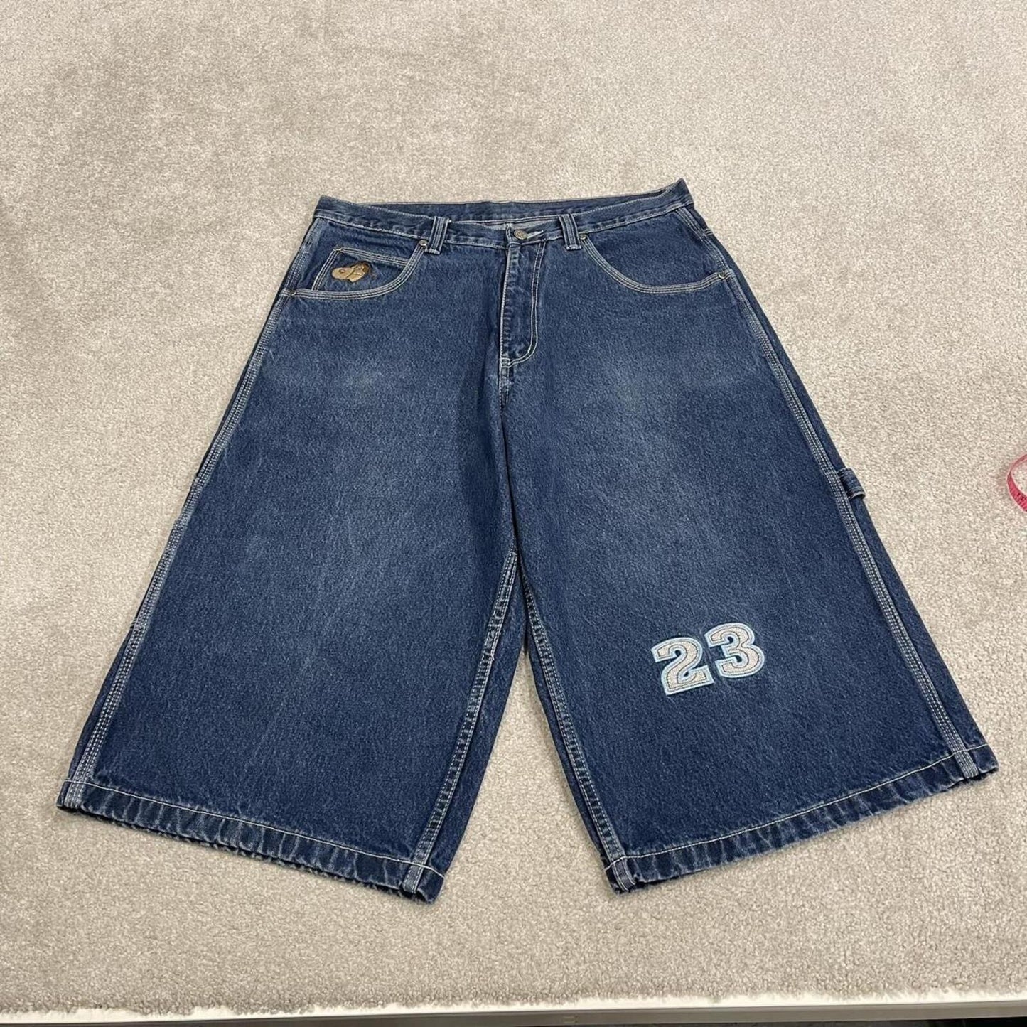 Extra baggy embroidered denim shorts blue Snoop Dogg long hip-hop skater carpenter  jorts