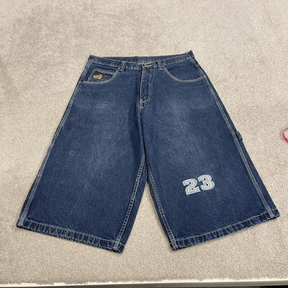 Extra baggy embroidered denim shorts blue Snoop Dogg long hip-hop skater carpenter  jorts