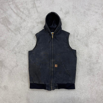 Black vintage Carhartt Hooded Gilet XL Tall thick canvas quilt lined body warmer