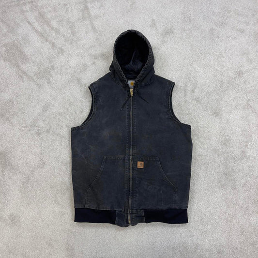 Black vintage Carhartt Hooded Gilet XL Tall thick canvas quilt lined body warmer