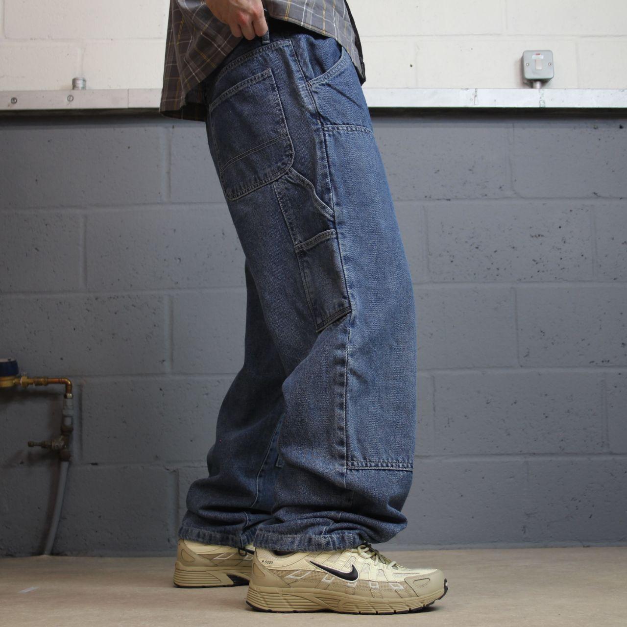 Baggy denim double knee carpenter jeans y2k W34L30 blue Loose thick denim skater cargo pants