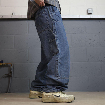 Baggy denim double knee carpenter jeans y2k W34L30 blue Loose thick denim skater cargo pants