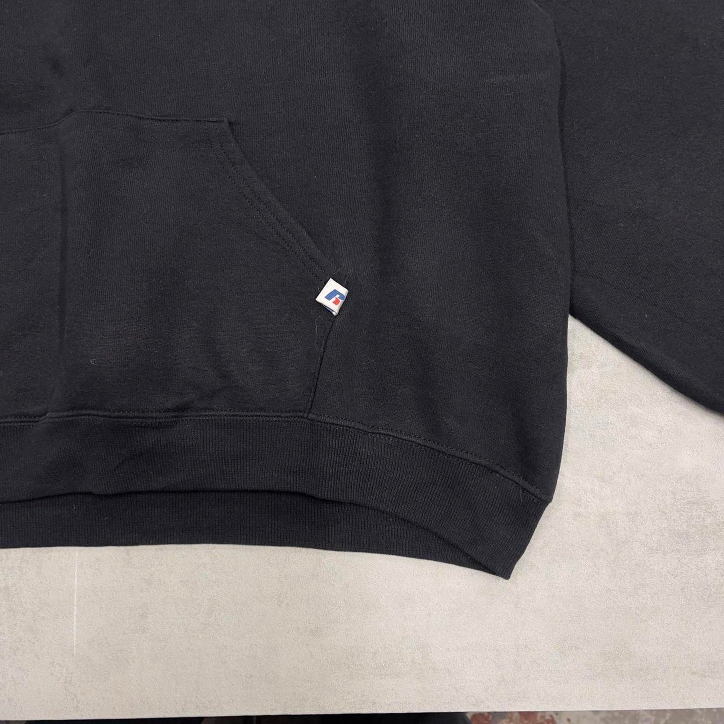 Black Russell Athletic hoodie XL Pullover jumper with print design and logos