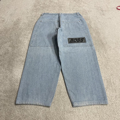 Vintage BOSS baggy jeans y2k W32L28 washed blue denim wide leg skater JNCO style deep pockets