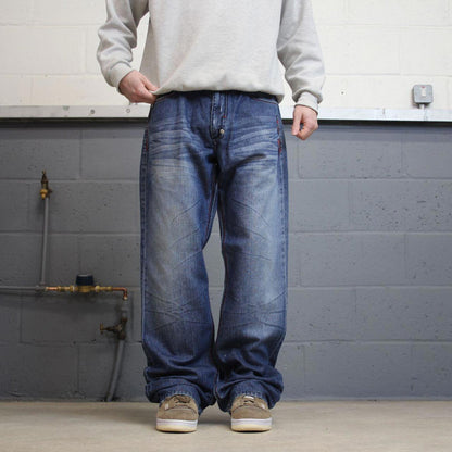 90s y2k Makaveli jeans W36L31 loose blue denim embroidered skate style hip hop pants