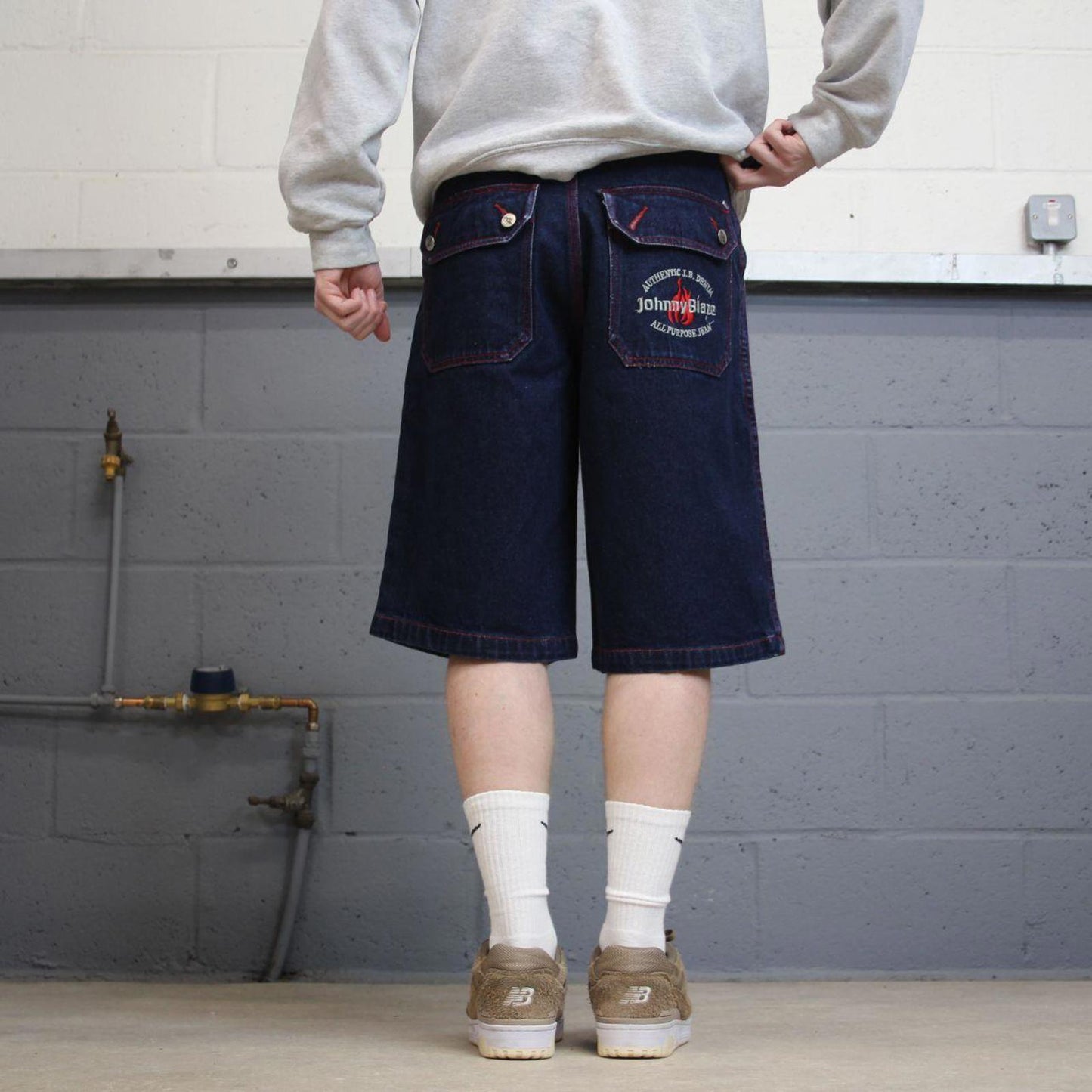 Y2k baggy Johnny Blaze denim shorts skater style blue Loose embroidered summer festival shorts