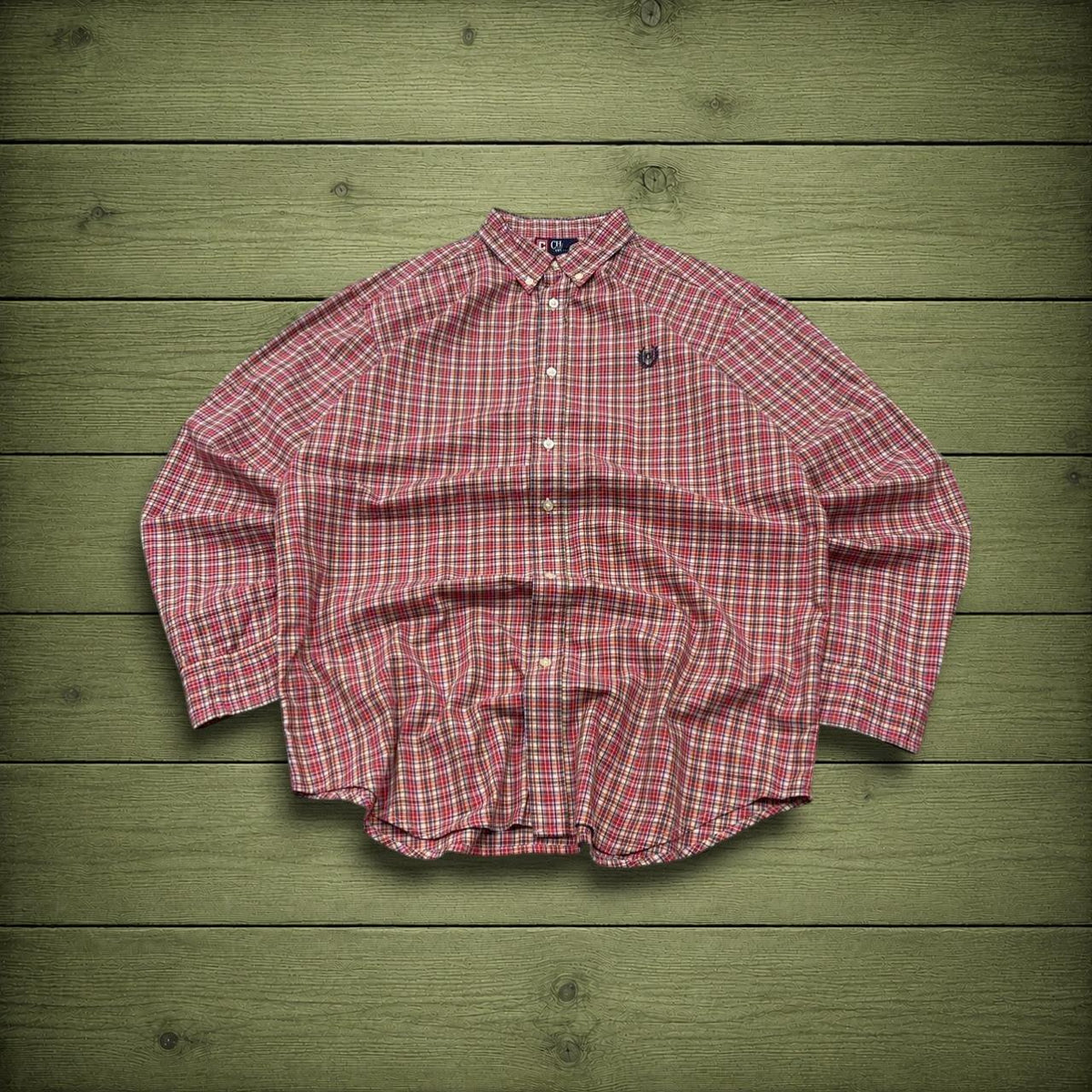 Y2K CHAPS checkered plaid shirt red long sleeve check button down embroidered logo