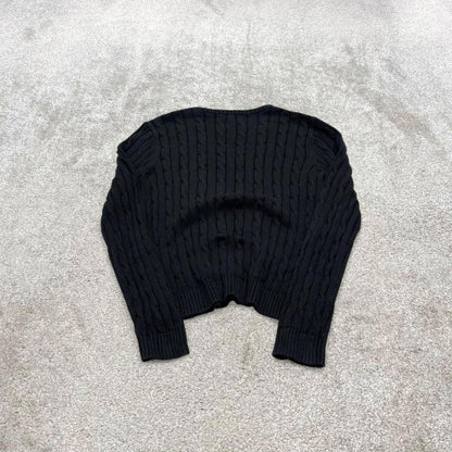 Y2K CHAPS cable knit sweater jumper black Embroidered logo v neck knitted pullover