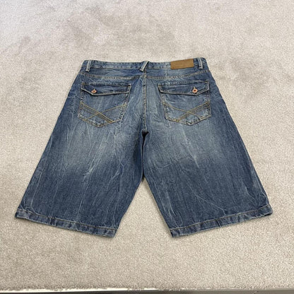 Y2K baggy embroidered shorts long blue Sean John skater style surf jorts