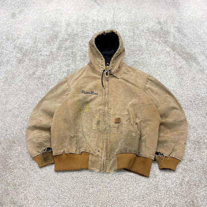 Vintage Carhartt hooded active jacket XL tan brown canvas 90s style skater bomber workwear